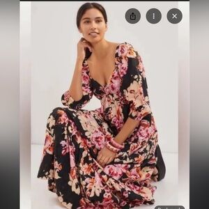 By Anthropologie Black and Pink Blossom Floral Maxi Dress size XS